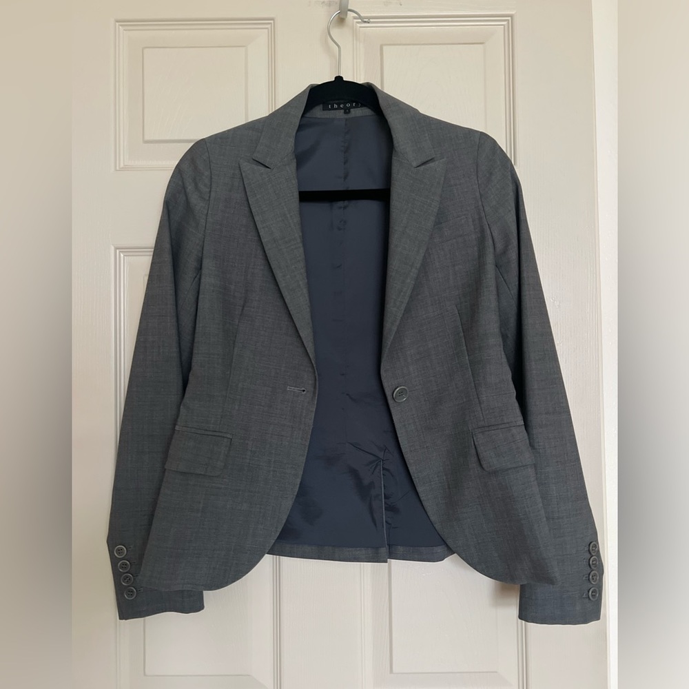 Theory One-Button Grey Wool Blazer, Size 0, Pre-owned